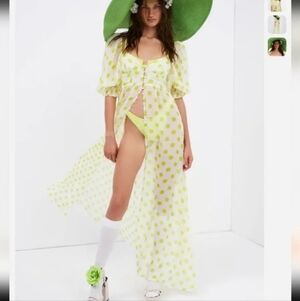 For Love And Lemons Morgan Yellow Polka Dot Chiffon Button Down Maxi Dress XS